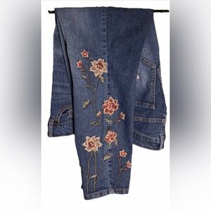 Artisan Ny Blue Skinny Jeans, Exquisite Floral Embroidered Details, Size 14W